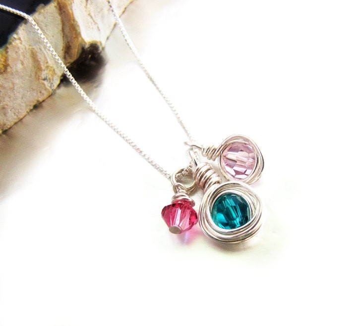 Personalized Mothers Necklace, simplicity Birthstone Charm Necklace - Crystal and Sterling Silver Charm Pendant