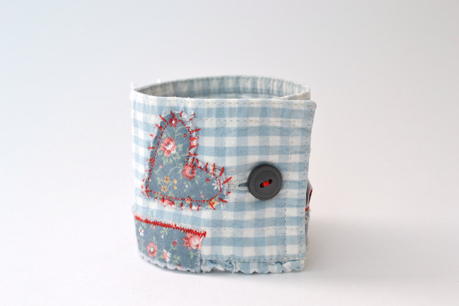 eco bracelet - repurposed grey blue checked and floral wrist cuff - white textured brooch