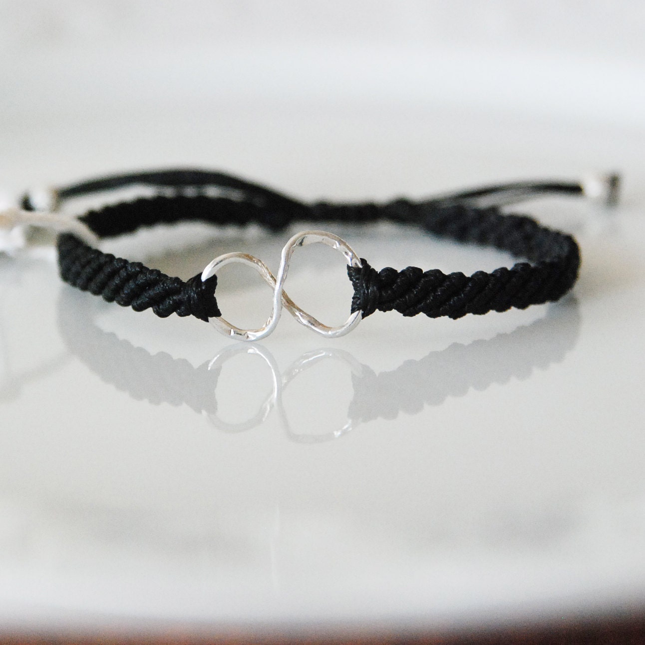 Sterling silver infinity symbol bracelet, black cord, anniversary gift