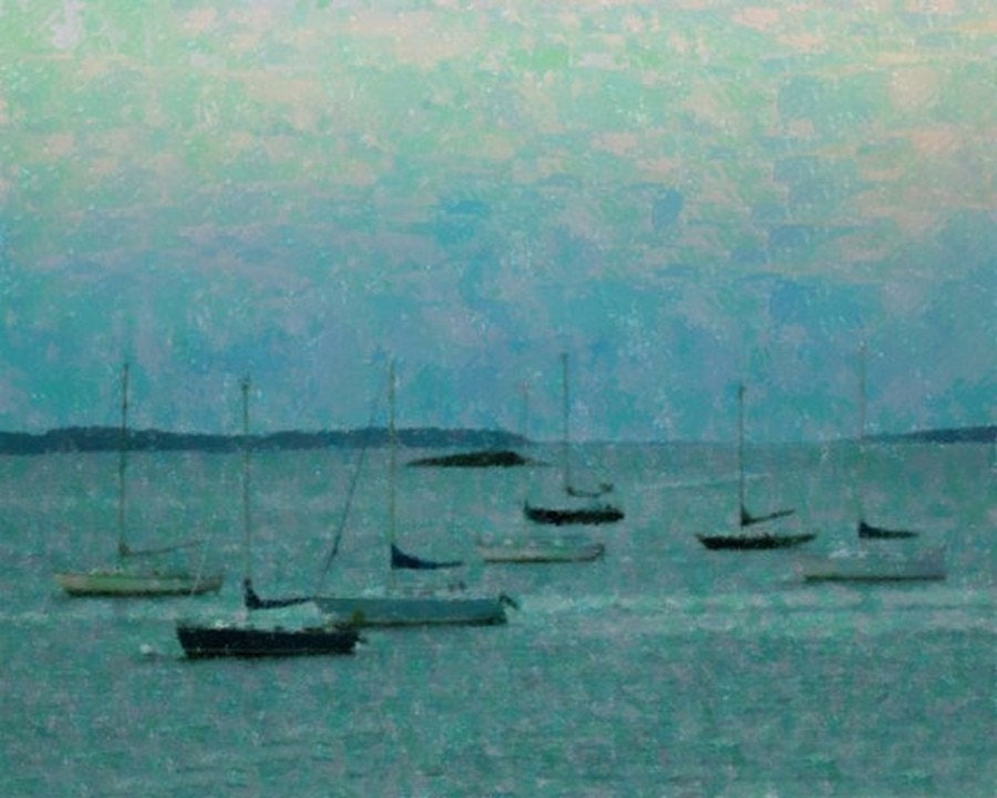 Sailboats at Sunset, Impressionist Photo, Aqua Hues, Casco Bay, Maine, 24x16, Framed Glicee Gallery Canvas Print,, Ready To Ship