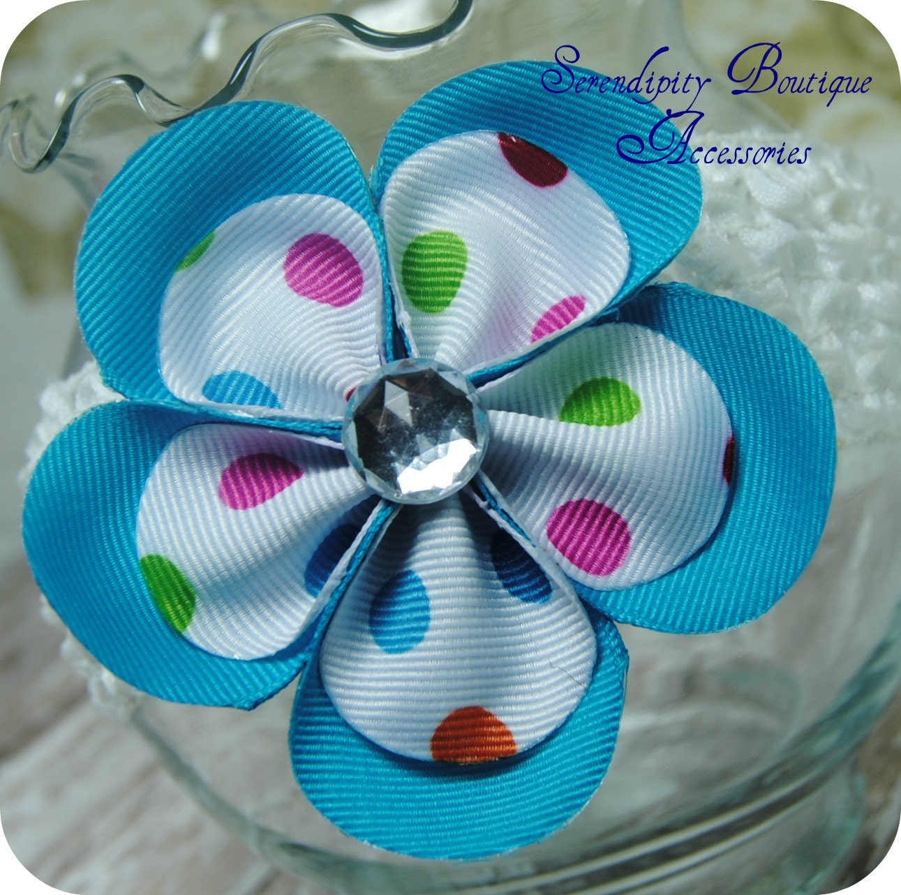 Turquoise and Bright Dots Petal Flower Hair Bow