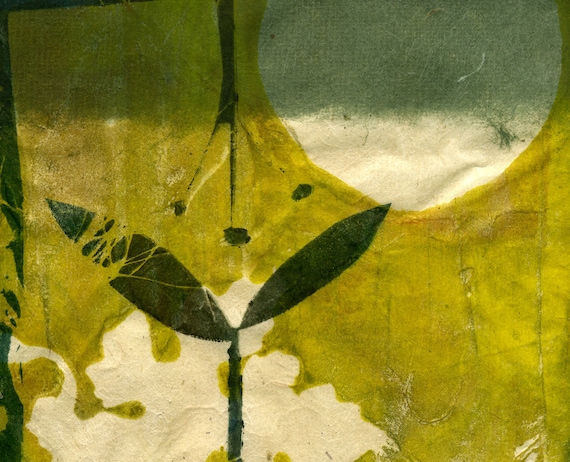 Secret Life of my Garden, ooak gelatin monoprint on handmade paper