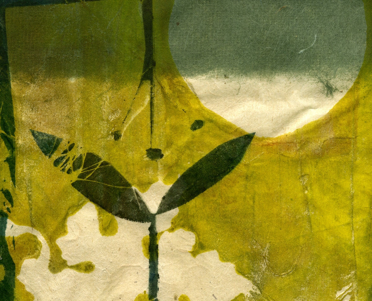 Secret Life of my Garden, ooak gelatin monoprint on handmade paper