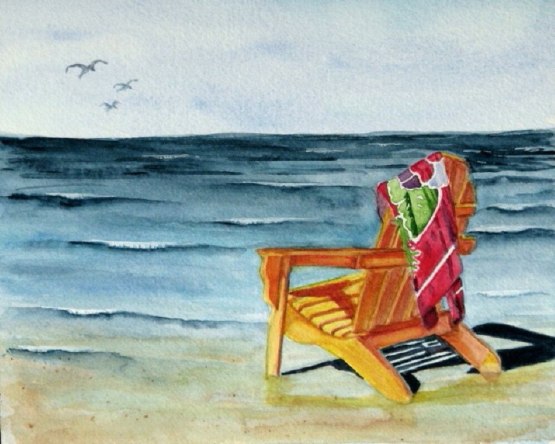 Beach Chair Sarong, Art Print, Etsy, Watercolor Landscape Painting Reproduction, Exotic Tropical Fantasy Vacation, Adirondack