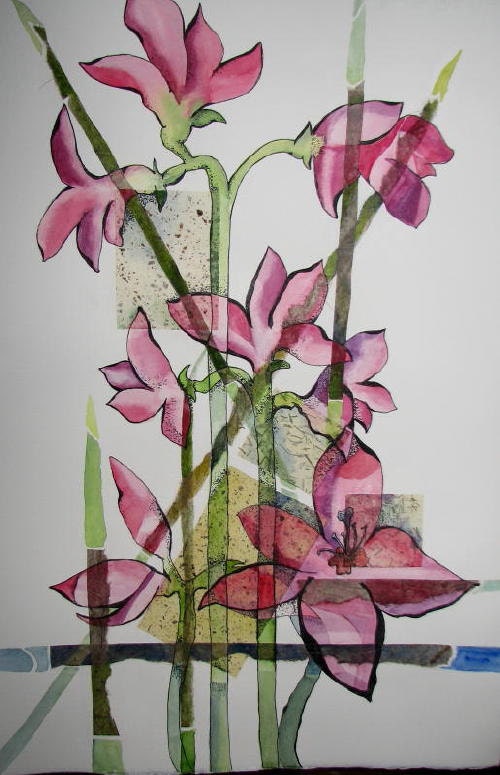 Original Collage, Barbara Rosenzweig, Etsy, Abstract Art Exotic Flower Painting Mixed Media 22x33