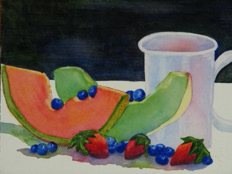 Original Painting, Barbara Rosenzweig, Etsy, Colorful Fruit Morning Coffee Still Life Kitchen Gift for Her