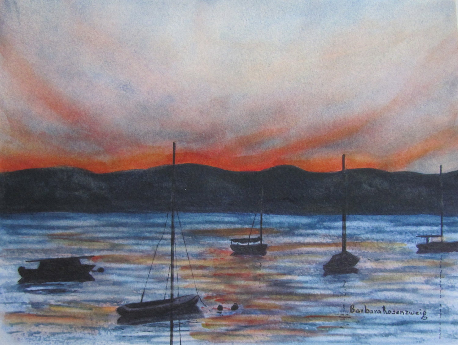 Original Watercolor Sunset Art Painting, Etsy, Lake Boats Nature Lovers Landscape