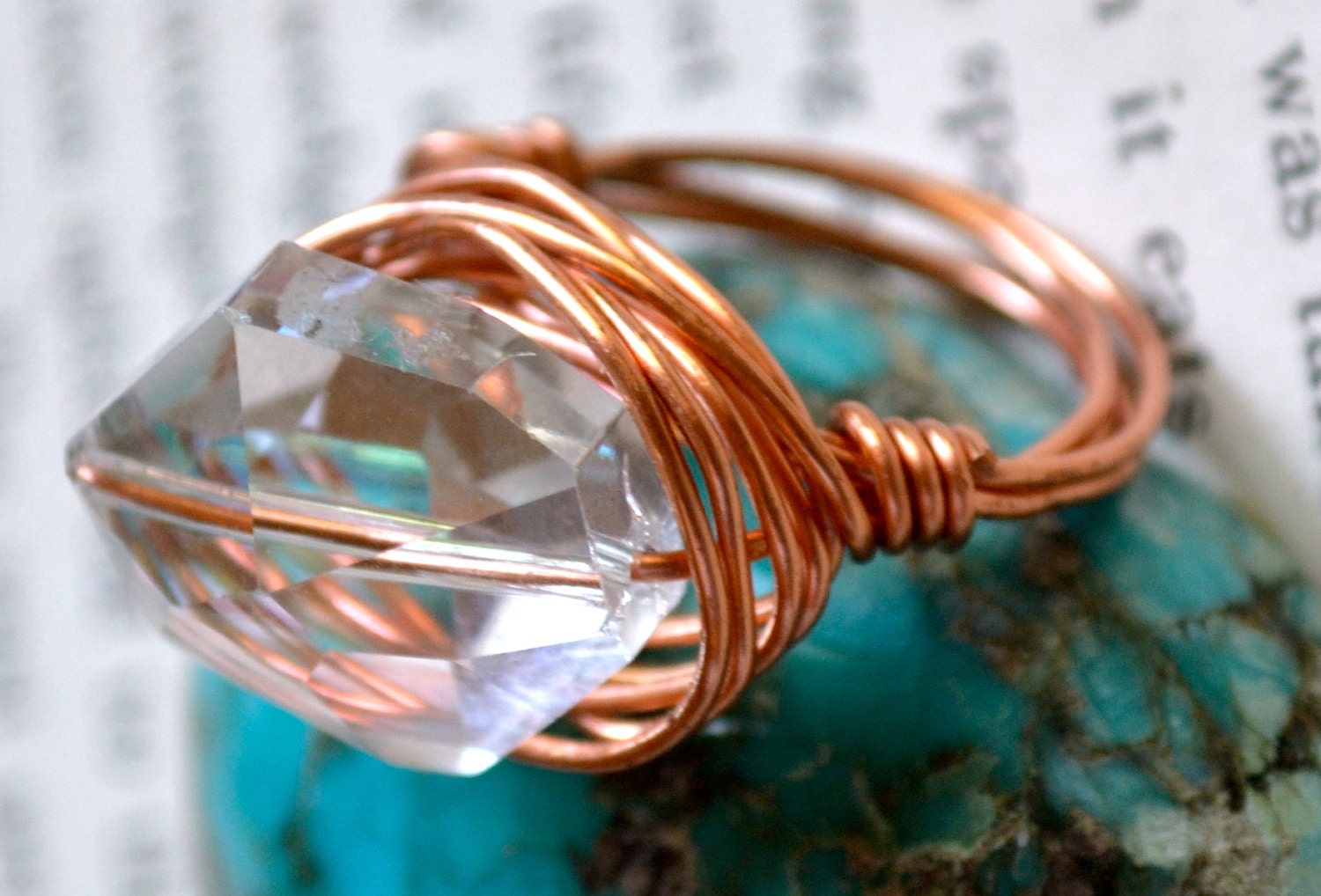 Healing Crystal Quartz Ring, Cooper Wire, Hand Wrapped Size 6, Made in the USA, Half Off.