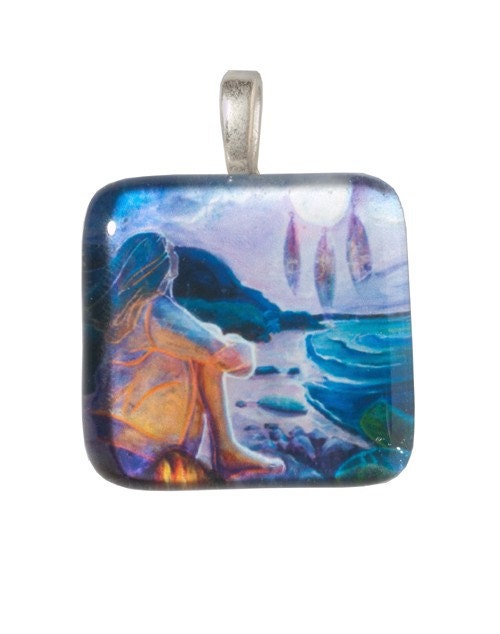 Dream Catcher lg. handmade art glass pendant by T.M.Gand: Dream