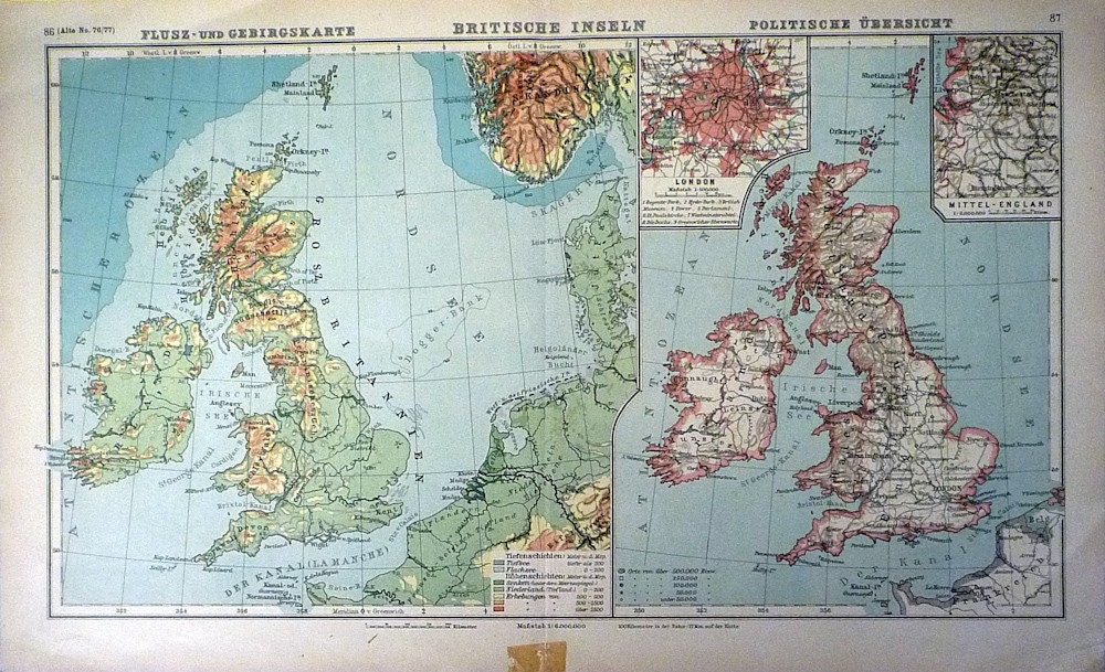 Antique 1918 map of British Isles from German Atlas