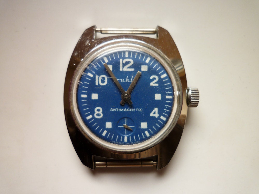 Vintage Blue White German Ruhla Wristwatch Antimagnetic 80s GDR