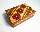 Vintage Wooden Jewelry Box Hand Engraved Red Flowers
