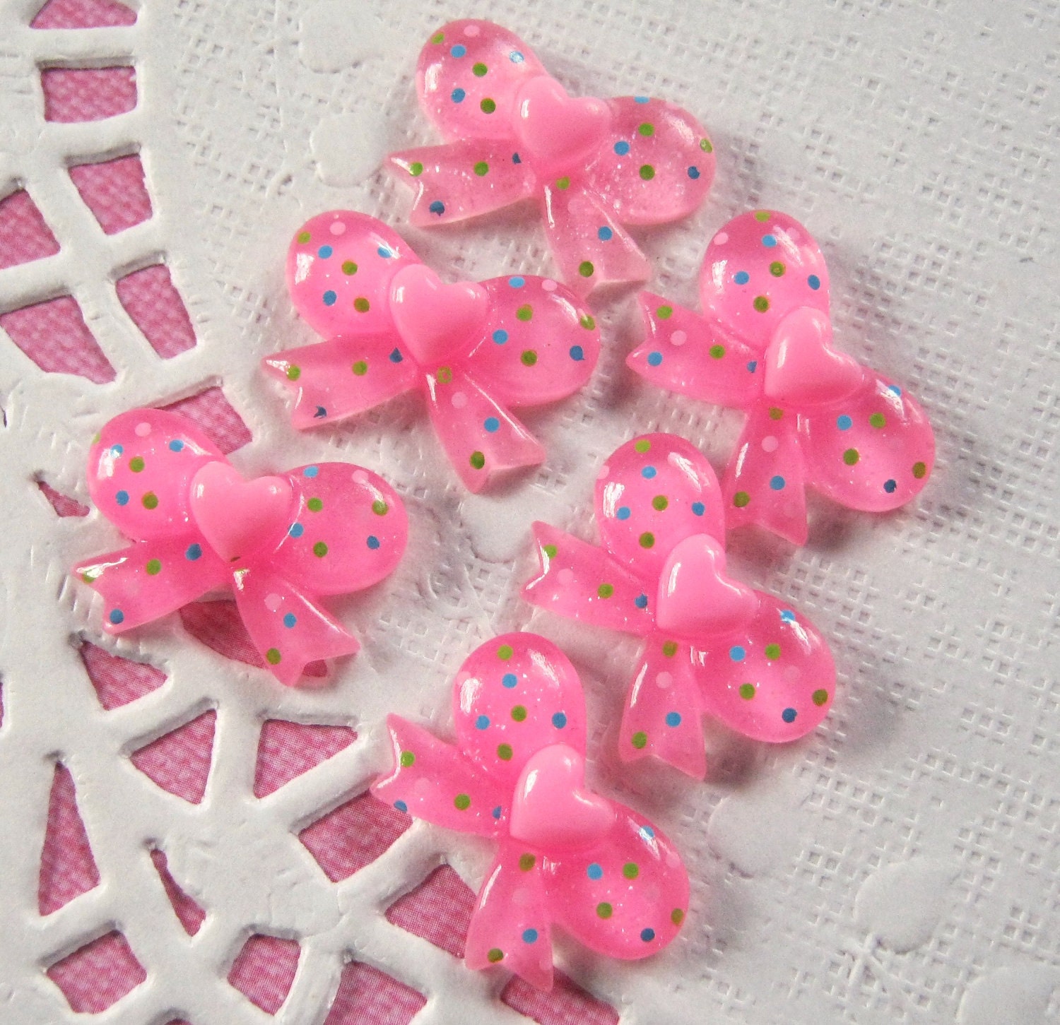6Pcs Pink Confetti Heart Bow Cabochons - 21x15mm