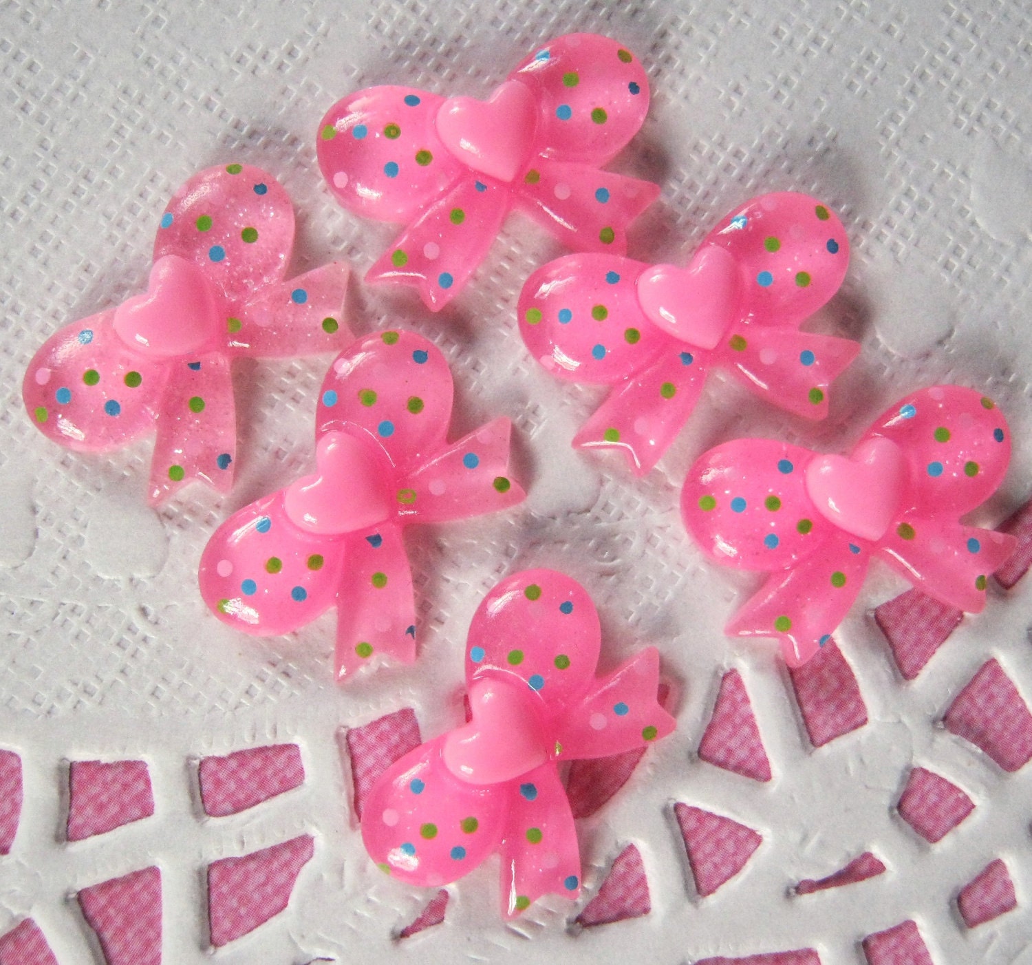 6Pcs Pink Confetti Heart Bow Cabochons - 21x15mm