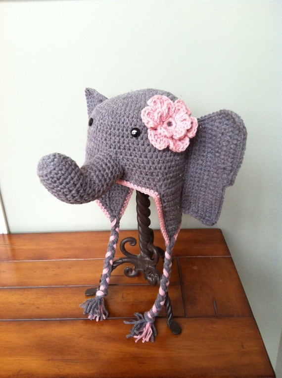 Custom Crochet Elephant Hat with Flower or Tuft, Earflaps, and Braids ((YOU CHOOSE SIZE Newborn-Adult))
