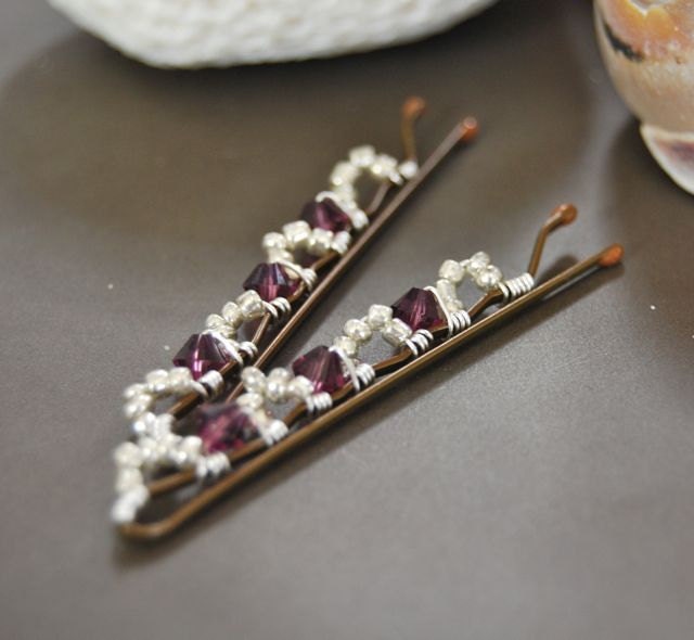 Bobby Pins  Statement  wire wrapped sparkling Silver Seed Beads and Amethyst Swarovski Crystals hair accessories fashion LoveandCherish