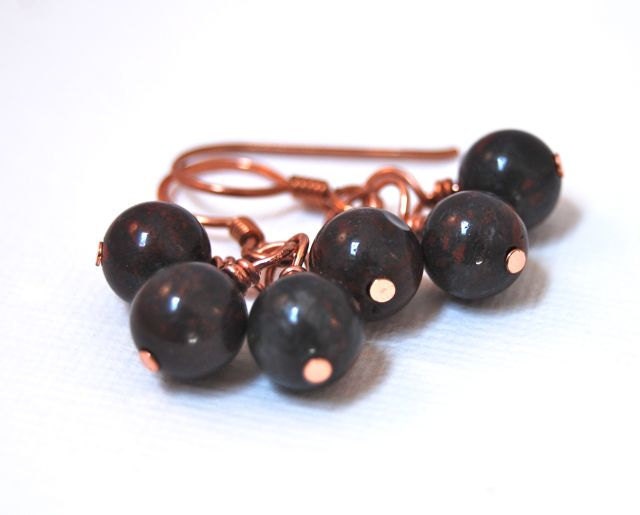 Earrings Gypsy Jasper Rondelle  Copper Wire Wrapped Dangle  Under 25 LoveandCherish