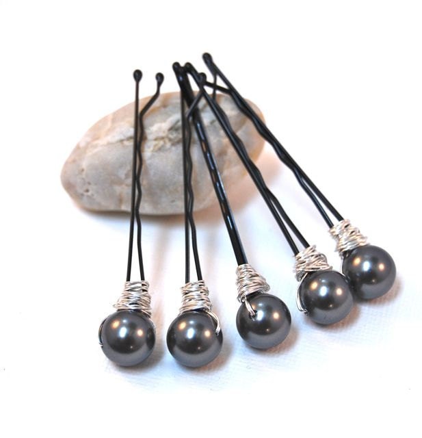 Bobby Pins Smoky Grey Swarovski Pearl Wire Wrapped Hair Accessory Fashion LoveandCherish