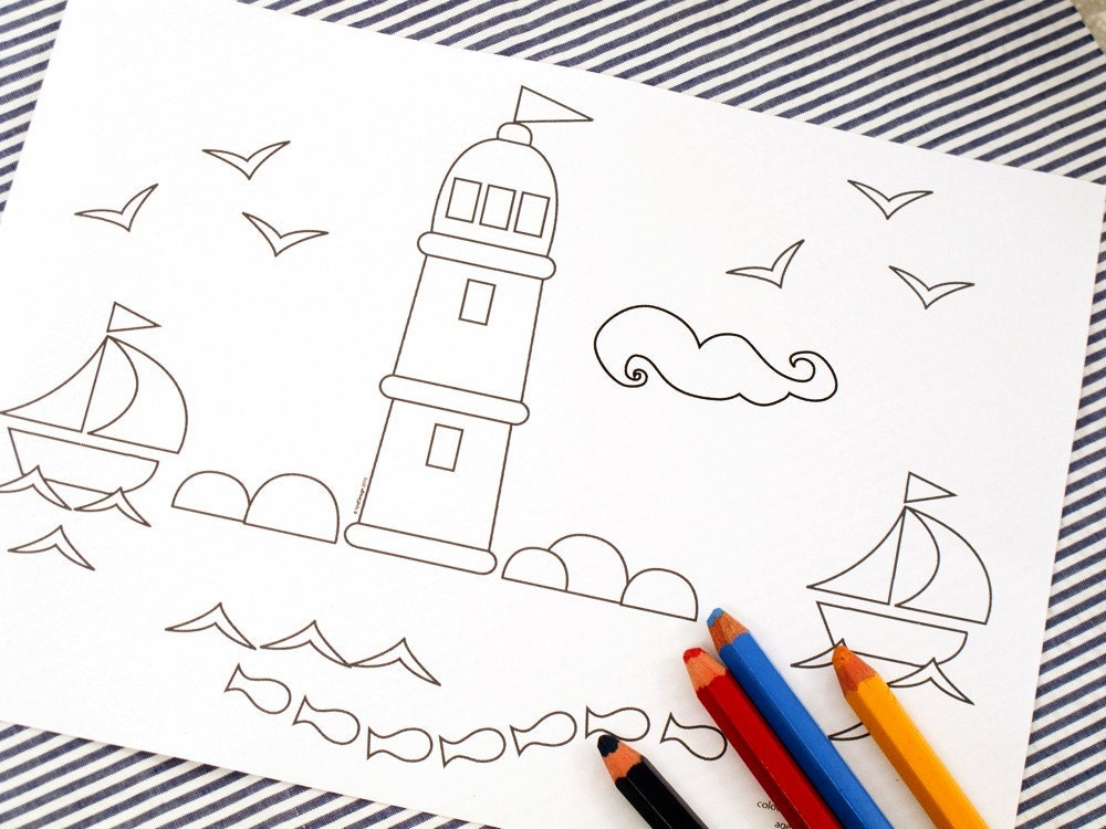 Printable colouring page - Nautical 2 lighthouse, sailboats - downloadable PDF
