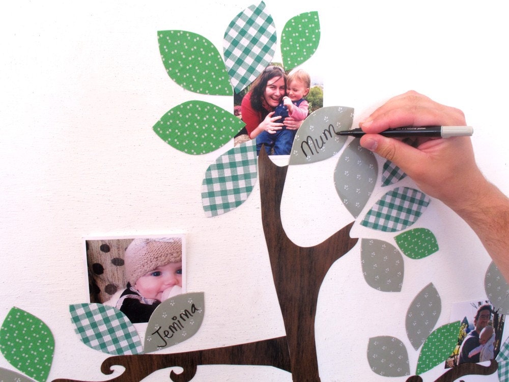 family tree - magnetic wall art (not vinyl) - woodgrain, green, fabric, whiteboard