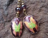 Cloisonne Butterfly Earrings - Purple, Pink, Green and Gold