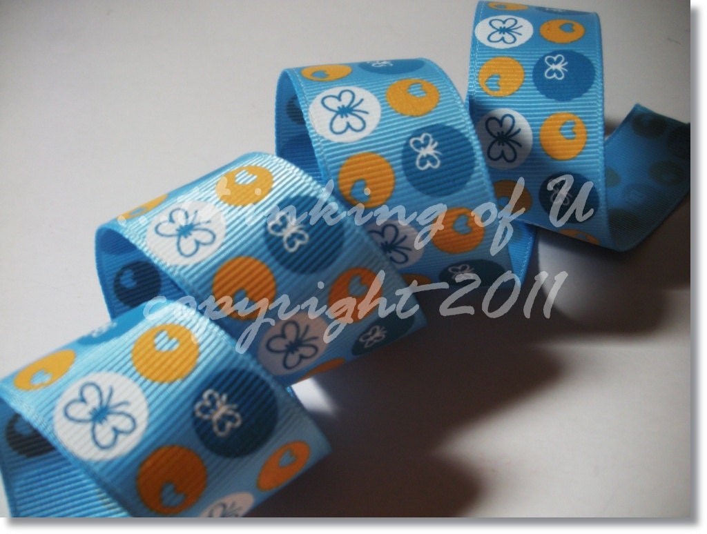 1 inch -- Blue Mist w/ White, Aegean Blue, Turftan & Gold Dots w/ Butterflies and Hearts Grosgrain Ribbon (5 yards)