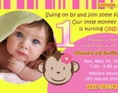 Cute Modern Monkey Girl Custom Birthday Invitation, Photo Invitation, DIGITAL, Printable, Matching Thank You Card, Party Favors Available
