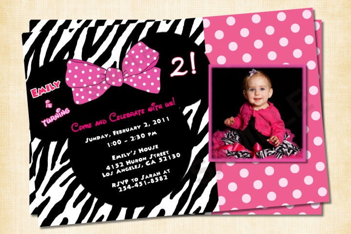Cute Mouse Ears Zebra Print Birthday Invitation, Photo Invitation, Hot Pink, Zebra, Birthday, Thank You Card Available