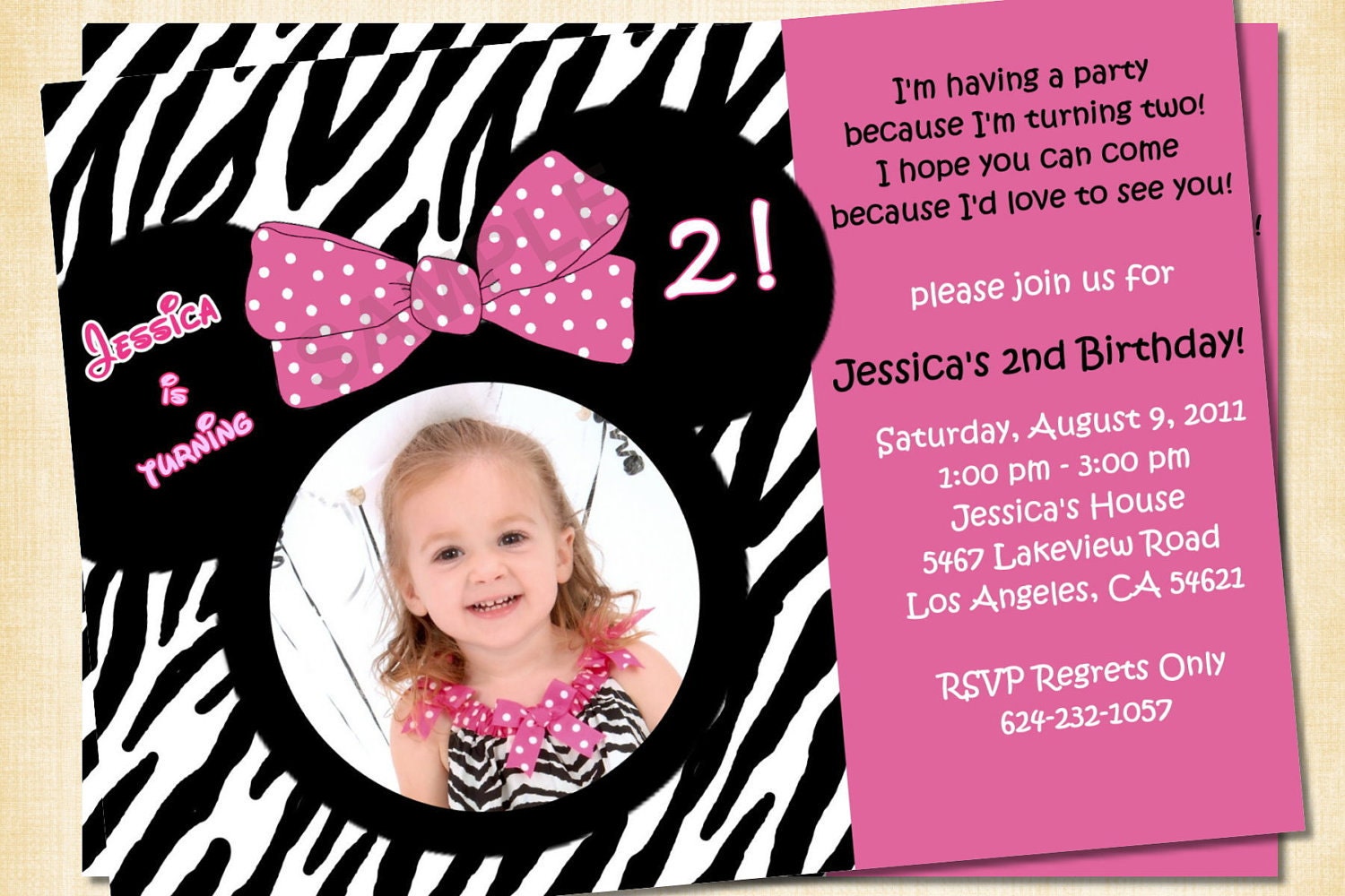 Cute Mouse Ears Zebra Print Birthday Invitation, Photo Invitation, Hot Pink, Zebra, Birthday, Thank You Card Available