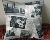 Throw Pillow london airmail postcard houses of parliament big ben taxi cab bus queen stamps 18 inch cushion cover transport