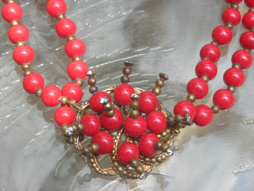 Vintage Red Glass Necklace Bead Beads Beaded