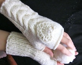 IN LOVE... again... off White/ Ivory Fingerless Gloves, Wool Women Mittens,  Arm Warmers with  crochet hearts, Hand Knitted, eco friendly
