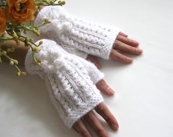 WHITE SILENCE...Romantic Fingerless Gloves, Wool Mittens, Arm Warmers with  crochet flowers, Hand Knitted, Eco Friendly