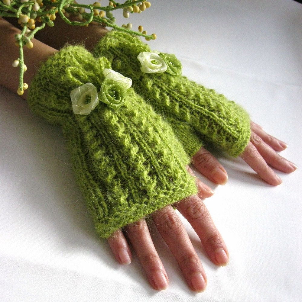 A SENSE OF SPRING...  Lime Green Fingerless Gloves, Wool Mohair Mittens, Arm Warmers with ribbon flowers, Hand Knitted, Eco Friendly