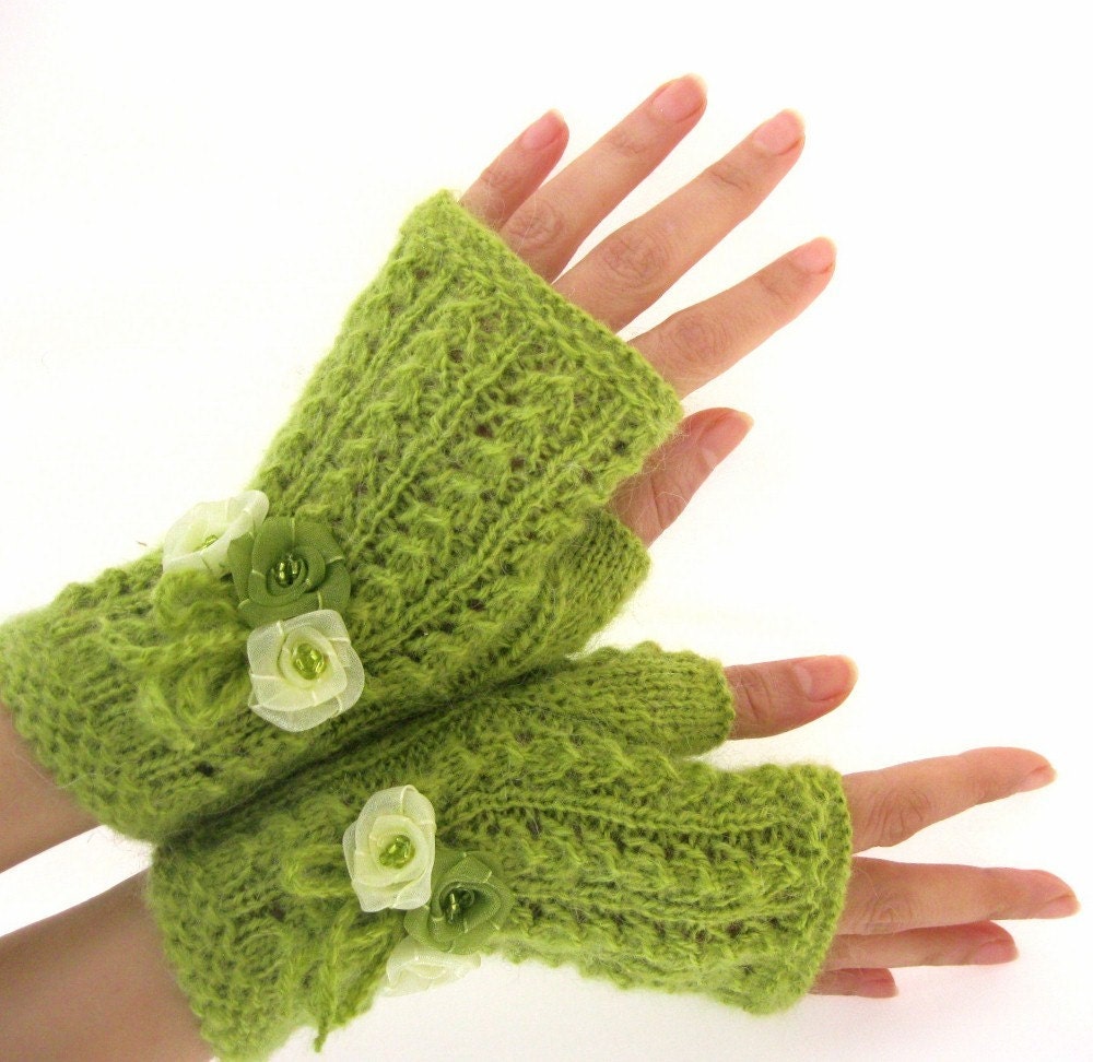 A SENSE OF SPRING...  Lime Green Fingerless Gloves, Wool Mohair Mittens, Arm Warmers with ribbon flowers, Hand Knitted, Eco Friendly
