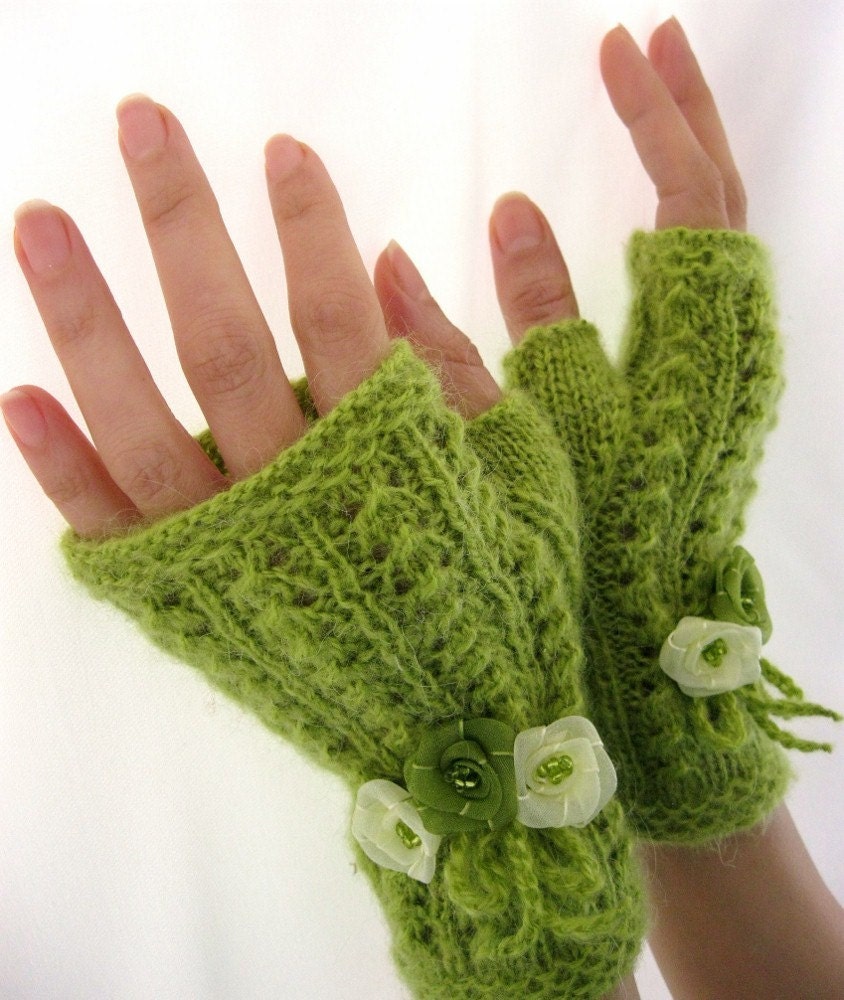 A SENSE OF SPRING...  Lime Green Fingerless Gloves, Wool Mohair Mittens, Arm Warmers with ribbon flowers, Hand Knitted, Eco Friendly