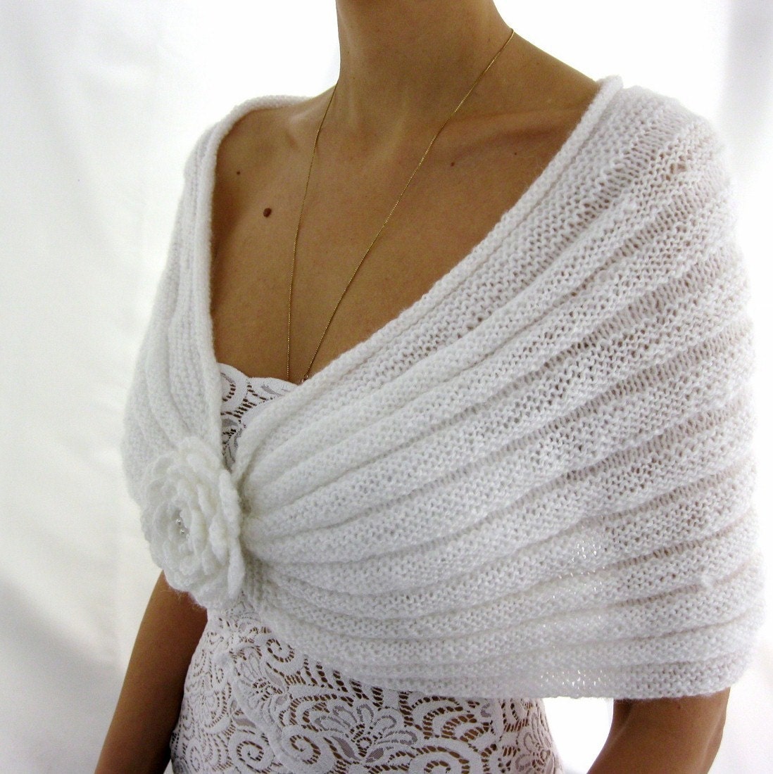 ROMANTIC WHITE...Handmade  Mohair Capelet with a Flower brooch