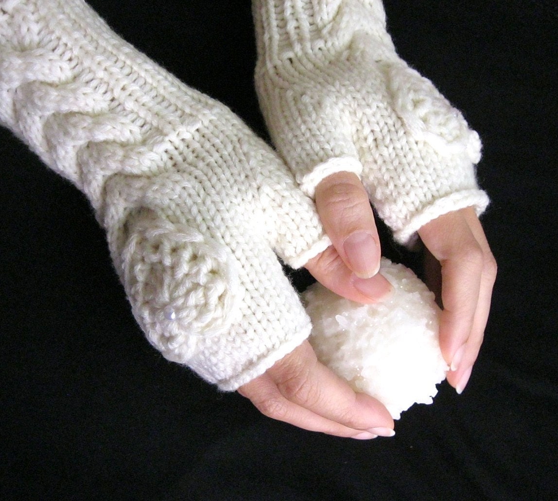 IN LOVE... again... off White/ Ivory Fingerless Gloves, Wool Women Mittens,  Arm Warmers with  crochet hearts, Hand Knitted, eco friendly
