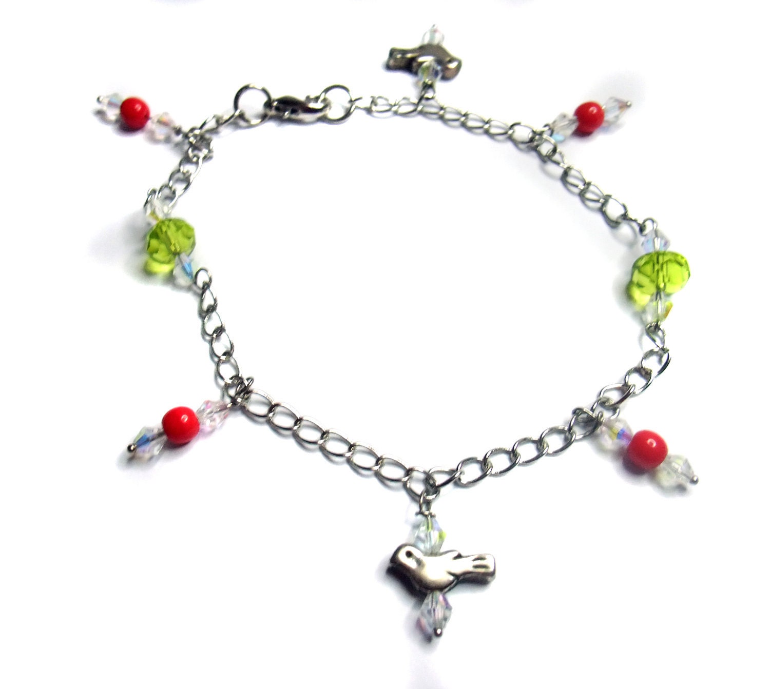 Metal charm anklet red and green- silver plated
