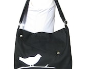 Black cotton canvas messenger bag / shoulder bag / bird messenger /diaper bag / cross body bag
