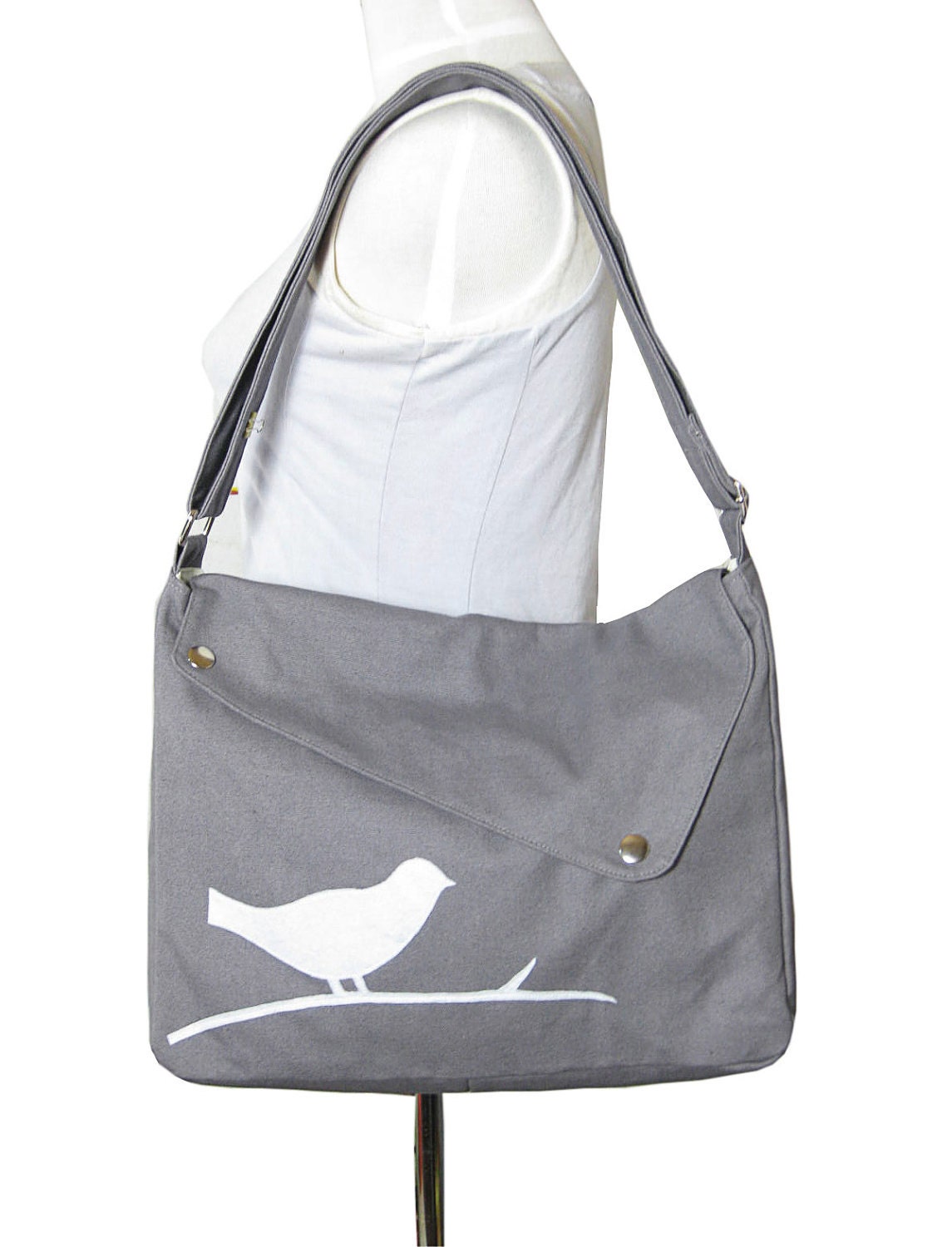 Gray cotton canvas messenger bag / shoulder bag / bird messenger /diaper bag / cross body bag