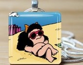 Mafalda on the beach Necklace on Glass tile - Includes ball chain - Buy any 3 and Get 1 Free