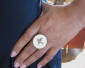 Wings of Time- Vintage Mother of Pearl Button Ring - Bird Ring - Size 5-9 Steampunk Ring