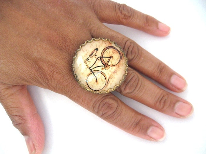 Bicycle Art Glass Ring - Collage Art Necklace - Hipster Ring - Bike Ring - Adjustable sizes 5-9 -Unique Ring