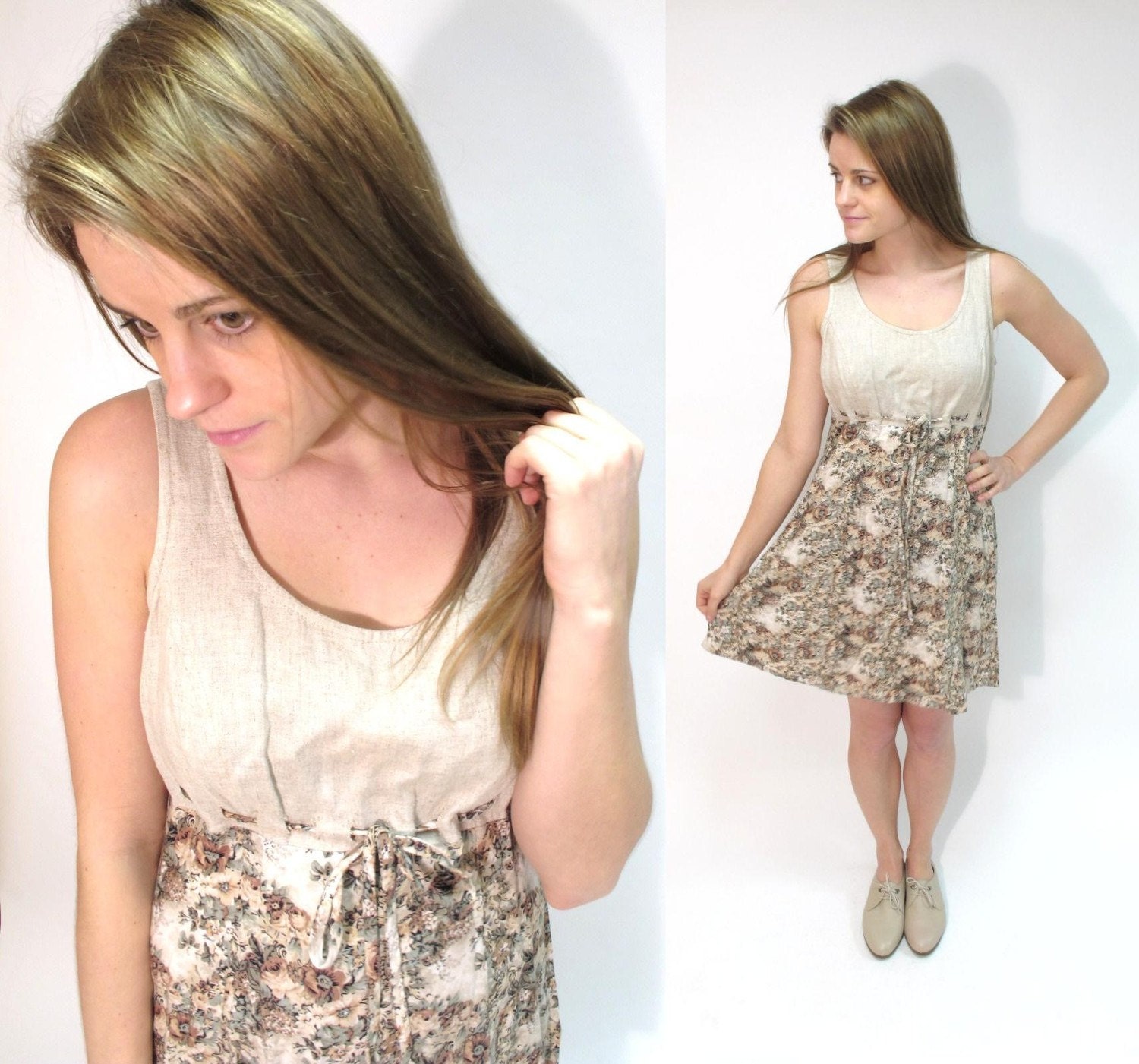 1990s Vintage Babydoll Floral Linen Mini Sun Dress. Size S-M.