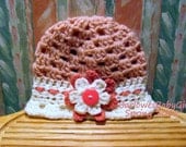 Buggs - Crochet Bucket Hat in Soft Pink/Ivory w/ Laced Two Tier Flower and Hot Pink Button Accent