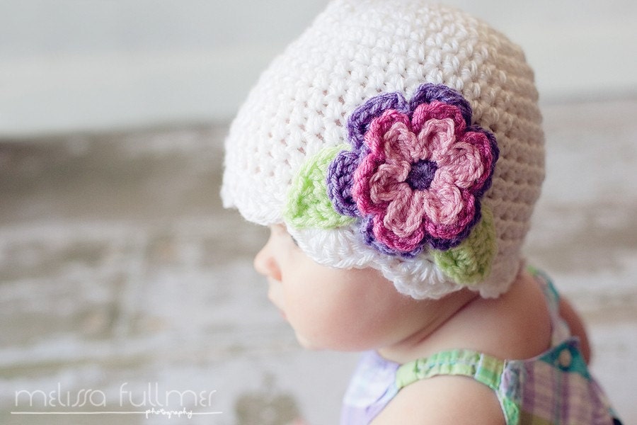 White Flapper Beanie with 3-tiered flower and leaves- colors customizable- choose your size