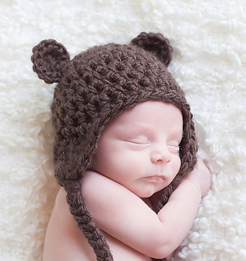 Baby Teddy Bear Earflap Beanie in cream or brown - 3 sizes from Newborn to 12 months- Newborn boy or girl photo prop