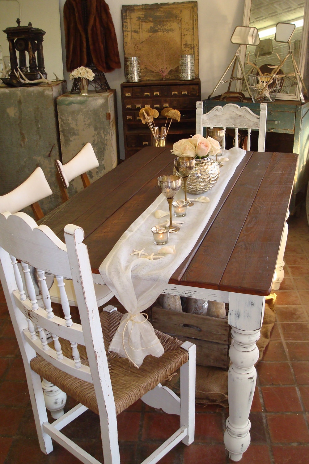 CUSTOM BUILT Reclaimed White Farm Table, Rustic Barn Pine Farmhouse, Dining, Harvest Table