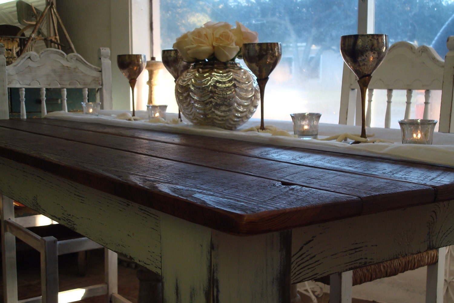 CUSTOM BUILT Reclaimed White Farm Table, Rustic Barn Pine Farmhouse, Dining, Harvest Table